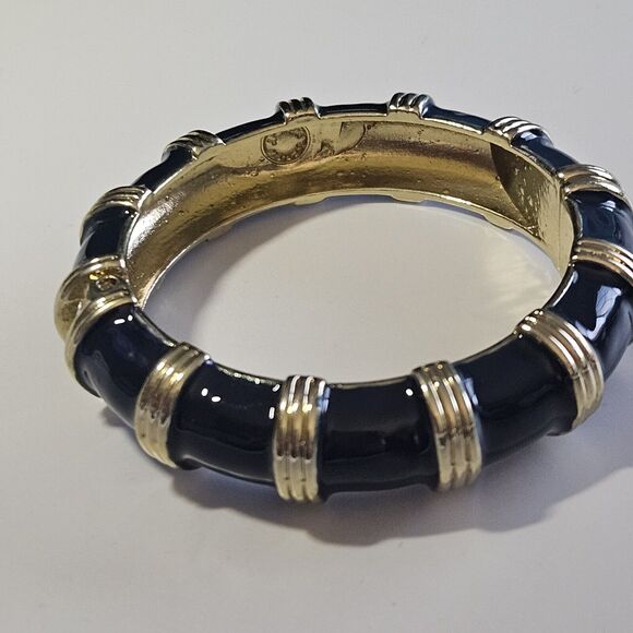 **Final Sale** J Crew Clamp Bangle Bamboo Look Blueberry Enamel Gold Tone Hinge - Picture 9 of 11